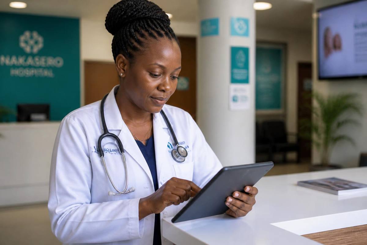 Doctor reviewing patient records on a tablet at a hospital reception