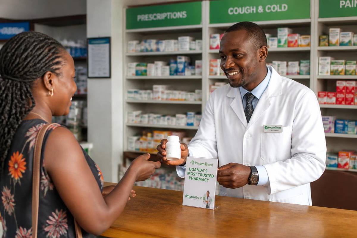 Pharmacist handing medication to a customer in a Ugandan pharmacy